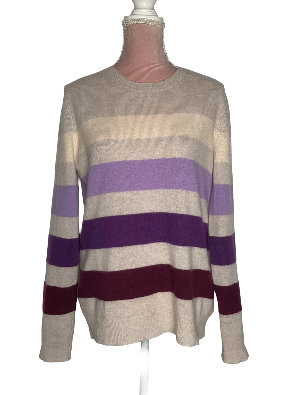 Lord & Taylor Cashmere Cream Sweater with Lilac and Plum Stripes